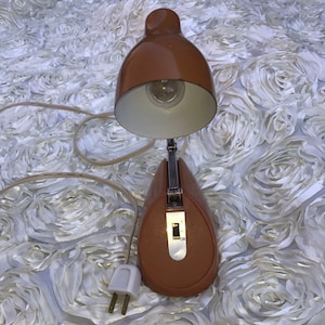 May include: A brown and white desk lamp with a flexible arm and a white cord. The lamp has a switch on the side and a white plug.