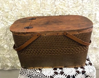 Vintage Picnic Basket Woven Wood Handles