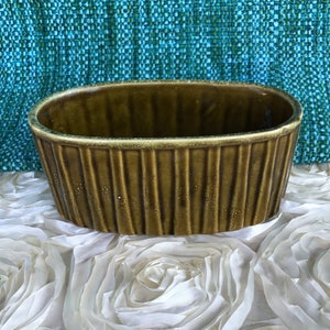 May include: A green ceramic planter with a ribbed design. The planter is oval shaped and has a smooth, glossy finish.