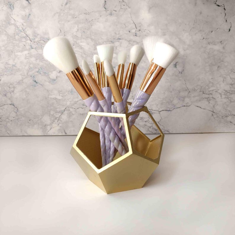 Geometric Make up brush pot / Make up brush holder / Vanity organizer / Make up organizer / 3D printed geometric make up holder Gold