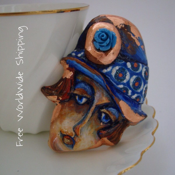 Broche de estilo vintage - cara de aleta en pin a mano de cloche sombrero - pedazo de la joyería de cara de niña - Art Deco