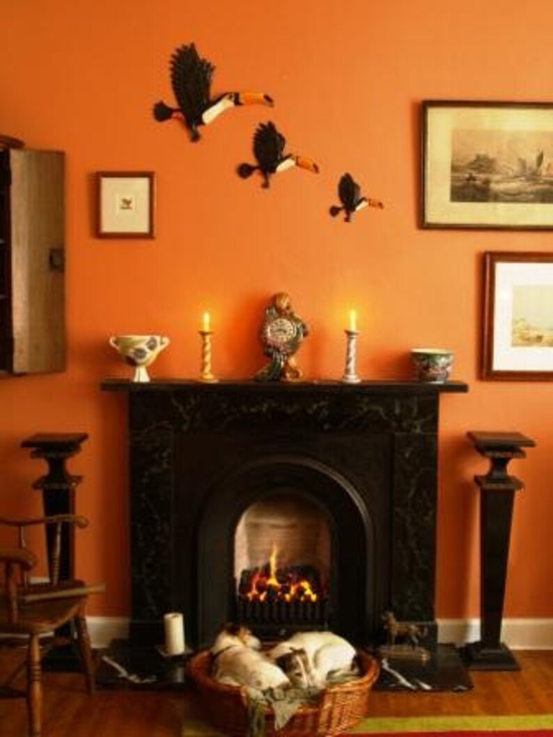 May include: A black fireplace with a fire burning inside. The fireplace is in a room with orange walls and a decorative toucan sculpture on the wall.