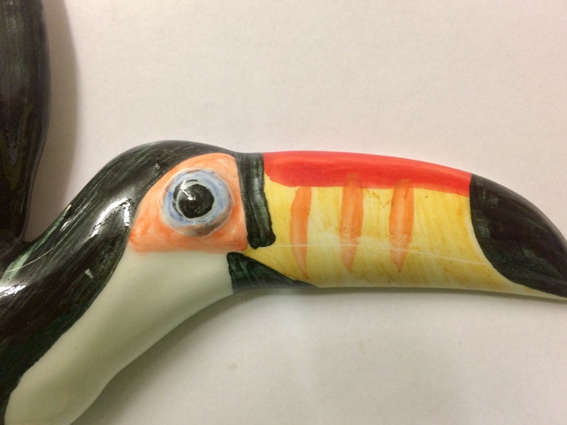 May include: Close-up of a ceramic toucan figurine with a black, white and yellow beak. The toucan's eye is painted blue with a black pupil.