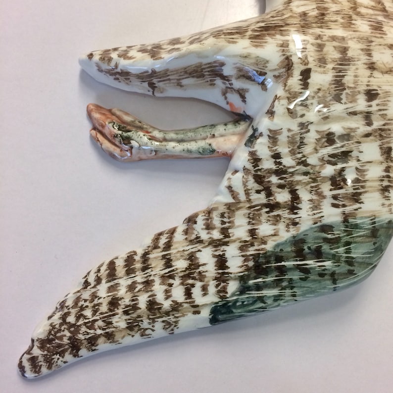 May include: A ceramic sculpture of a bird in flight with brown and white patterned wings and a green and brown leg.