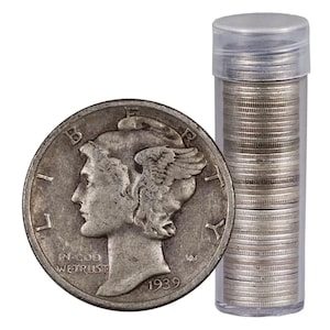 Mercury Dime Roll of 50 Silver Coins 1916-1945 Average Circulated Condition United States Classic American Coins Liberty Head Dimes
