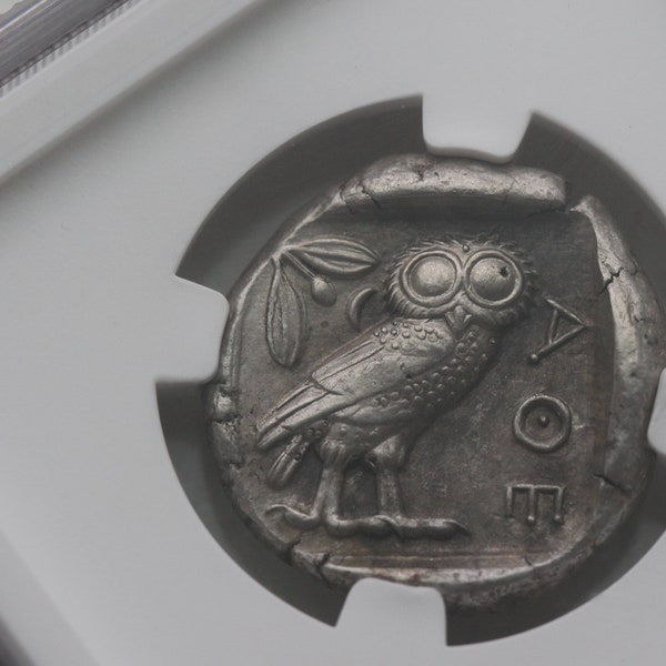 440 B.C. Ancient Greek Silver Tetradrachm Coin of Athens, Athenian Owl Design, NGC About Uncirculated (AU) Condition