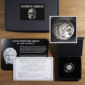 Alexander the Great Coin Gift Set - Genuine Ancient Greek Silver Drachm from 300BC with Certificate of Authenticity