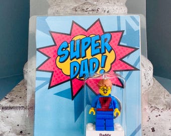 Personalised Super Dad mini figure  Keyring in case Gift Fathers Day Birthday