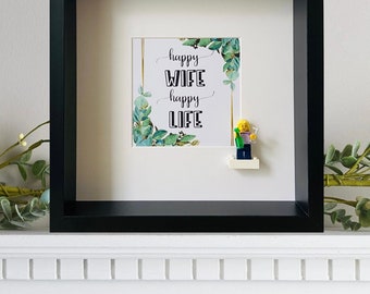 Personalised mini figure portrait with “Happy Wife Happy Life” Quote background