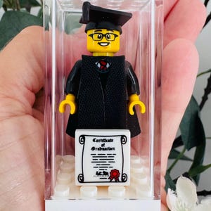 Personalised Graduation Minifigure Gift, with Custom Name (with Cap & gown only, no hair)
