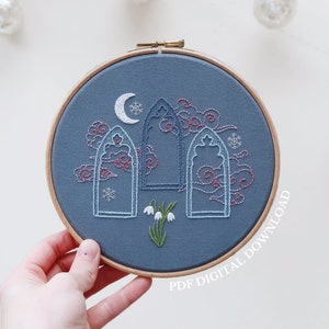 The Dreamer Hand Embroidery Pattern and Tutorial / Guide Digital Download, PDF Gothic Archway Embroidery Snowdrop Embroidery image 1