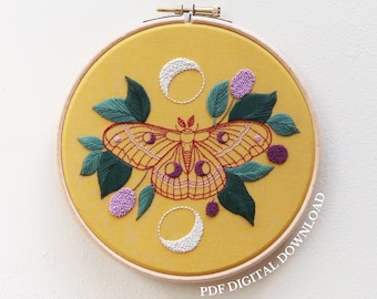 Moon Moth - Hand Embroidery Pattern and Tutorial / Guide | Digital Download, PDF | Luna Moth Embroidery | Moth Embroidery |