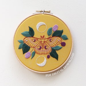 Moon Moth - Hand Embroidery Pattern and Tutorial / Guide | Digital Download, PDF | Luna Moth Embroidery | Moth Embroidery |