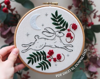 Winter Hare - Hand Embroidery Pattern and Tutorial / Guide | Digital Download, PDF | Festive Embroidery | Christmas Embroidery |