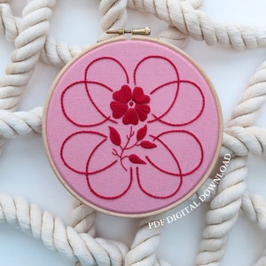 Floral Embroidery Pattern: Primrose Celtic Love Knot PDF Digital Download Tutorial, Modern Hand Embroidery, Valentines Day Decor image 1