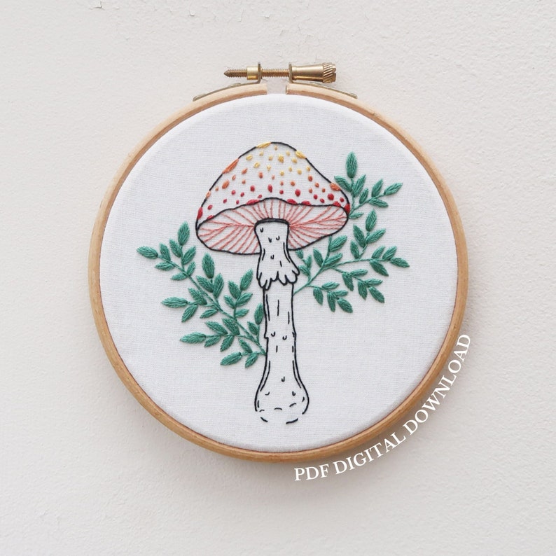 Mushroom Hand Embroidery Pattern and Tutorial / Guide Digital Download, PDF Toadstool Mushroom Embroidery Woodland Embroidery image 1