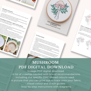 Mushroom Hand Embroidery Pattern and Tutorial / Guide Digital Download, PDF Toadstool Mushroom Embroidery Woodland Embroidery image 2