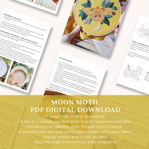 Moon Moth Hand Embroidery Pattern and Tutorial / Guide Digital Download, PDF Luna Moth Embroidery Moth Embroidery image 2