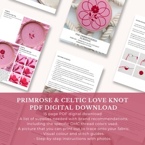 Floral Embroidery Pattern: Primrose Celtic Love Knot PDF Digital Download Tutorial, Modern Hand Embroidery, Valentines Day Decor image 2