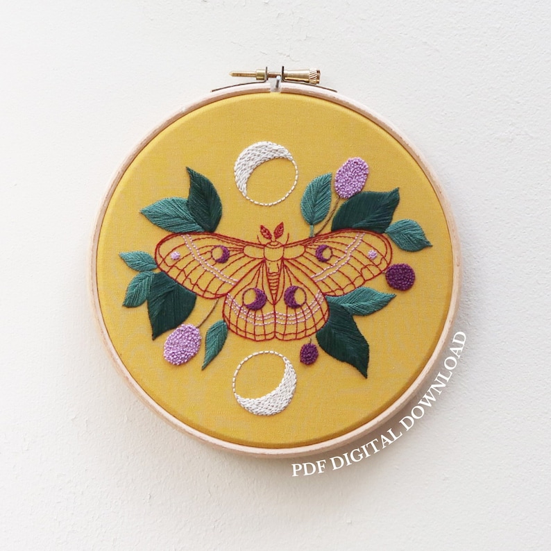 Moon Moth Hand Embroidery Pattern and Tutorial / Guide Digital Download, PDF Luna Moth Embroidery Moth Embroidery image 1