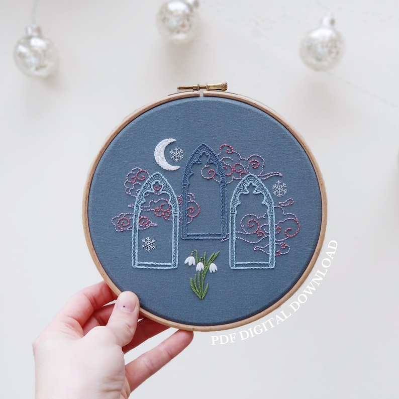 The Dreamer Hand Embroidery Pattern and Tutorial / Guide Digital Download, PDF Gothic Archway Embroidery Snowdrop Embroidery image 1