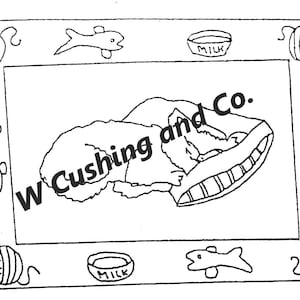 May include: Black and white illustration of a cat sleeping on a pillow, framed with fish, yarn balls, and milk bowls. The text "W Cushing and Co." is visible. The dimensions are 66 x 95 cm.