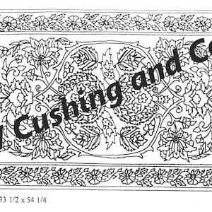 May include: Black and white floral design rug with the text "W Cushing and Co." and the text "Sd425 Jaipur 33 1/2 x 54 1/4". The rug features a detailed floral border and a central floral pattern. The rug measures 33.5 x 54.25 inches.