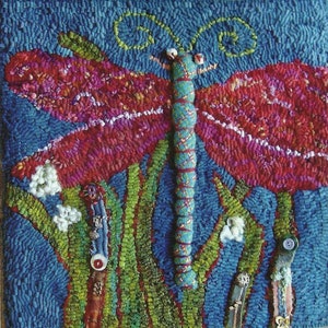 Dragonfly, 17&quot; x 17&quot;  by Sharon Smith,  on linen, Rug Hooking Pattern Only