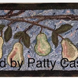 May include: Hand-hooked rug featuring a pear tree design. The rug displays a blue background with brown tree branches and green leaves. Several pears in shades of green, yellow, and pink hang from the branches. The text "Hooked by Patty Cassidy" is at the bottom.