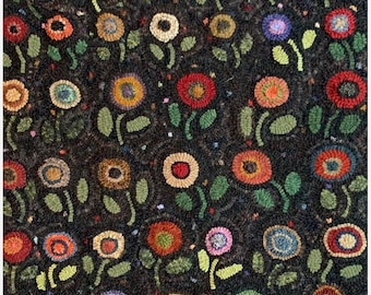 May include: A dark rug with a repeating floral pattern. The flowers are in various colors, including red, orange, yellow, pink, and purple, with green leaves and stems. The background is dark.