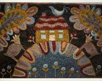 May include: A colorful, folk art style rug featuring a house with a red roof, flanked by stylized flowers and birds. The rug has a dark background with a repeating floral pattern at the bottom. The overall design is whimsical and decorative.