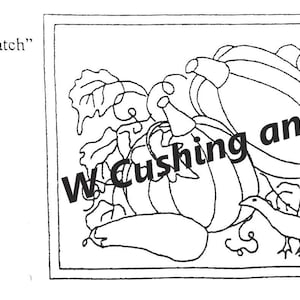 May include: Black and white line drawing of a pumpkin patch scene. The image includes pumpkins, gourds, leaves, and a bird. The text "SD212 'Pumpkin Patch'" and "22 x 34" are in the upper left corner. The words "W Cushing and Co" are in the center.