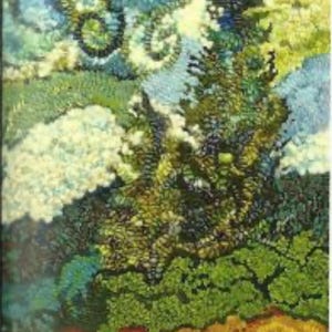 May include: An abstract painting with a textured appearance. The artwork features a variety of colors, including greens, blues, and whites, creating a landscape-like composition. The brushstrokes are visible, adding depth and visual interest to the piece.
