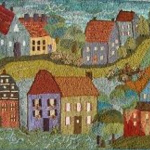 May include: A colorful, folk art style depiction of a village scene. The image features several houses with red, orange, and blue roofs, set against a backdrop of green hills and a blue sky. The houses have various colors and architectural styles.