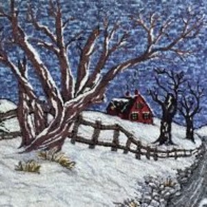 May include: A winter landscape scene featuring a snow-covered field, a winding road, and a rustic wooden fence. A red house sits nestled among bare trees and a green evergreen. The sky is a gradient of blue and white.