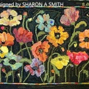 May include: A colorful rug with a black background featuring a design of red, orange, yellow, blue, and purple poppies.