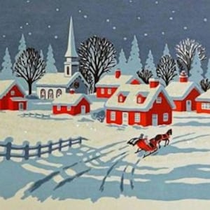 May include: A winter scene depicts a snow-covered village with red-roofed houses and a church. A horse-drawn sleigh travels along a snowy path. The sky is a soft blue, and the trees are bare, suggesting a cold winter day.