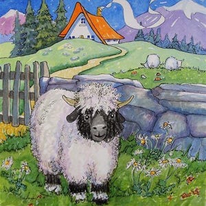 May include: A white sheep with black face and horns stands in a field of green grass and white daisies. A small wooden fence and a house with an orange roof are in the background.