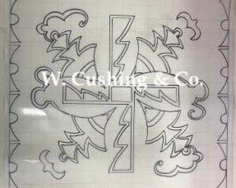 May include: A black and white line drawing of a geometric design with a cross in the center. The design is symmetrical and has a repeating pattern of triangles and circles.