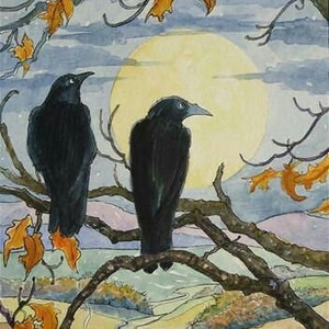 May include: Two black crows perched on bare branches against a backdrop of a full moon and a distant landscape. The moon is a bright yellow, and the sky is a soft blue with wispy clouds. The crows are facing different directions, and the branches are bare except for a few yellow leaves.