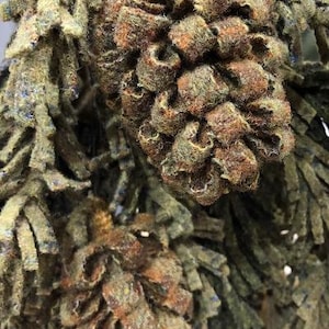 May include: Close-up of a handmade felt Christmas tree ornament with brown and green pine needles and a brown pine cone.