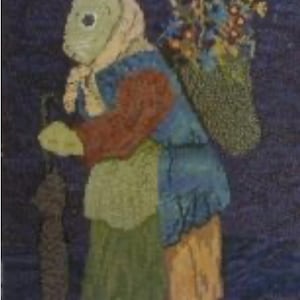 May include: A folk art depiction of a rabbit person carrying a basket of flowers and an umbrella. The rabbit wears a bonnet, a blue and red top, and a green skirt. The background is a dark blue.