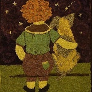 May include: A child with red hair and a green shirt stands with their back to the viewer, holding a brown and yellow dog. The scene is set against a dark blue background with white stars.