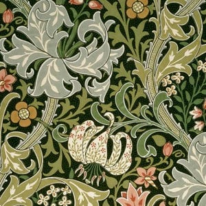 May include: A detailed floral pattern featuring stylized flowers and foliage in shades of green, gray, peach, and gold against a dark background. The design includes large, ornate blooms and scrolling leaves, creating a classic, decorative aesthetic.