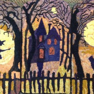 May include: A Halloween-themed rug with three panels. The panels depict a witch on a broom, a haunted house, and a black cat with a full moon. The rug features a fence and trees.