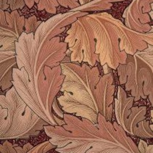 May include: Detailed image of a repeating pattern featuring stylized leaves in peach, tan, and brown hues set against a dark red backdrop. The leaves display intricate vein patterns, giving a textured look. The design has a vintage, botanical feel.