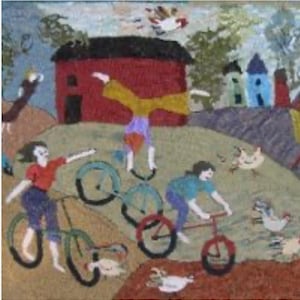 May include: A vibrant folk art textile showing a rural scene with figures on bicycles and doing cartwheels. A red barn and houses are in the background. Chickens are scattered throughout. The artwork is in a naive style.