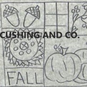 Peut inclure: Un dessin au trait en noir et blanc avec des motifs d'automne : feuilles, glands, un tournesol, des citrouilles et le mot "FALL". Le texte "W. Cushing and Co." est également présent.