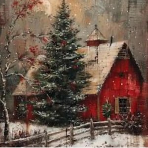 May include: A painting of a red barn in a snowy landscape, with a Christmas tree and a wooden fence. The artwork creates a winter scene with falling snow and a festive atmosphere, suitable for holiday decor.