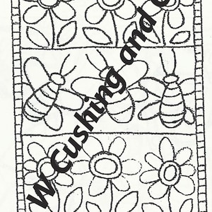 May include: Black and white line drawing of flowers and bees. The design includes three rows of flowers and bees, with the text "W. Cushing and co." and "Honey Bees". The dimensions are 24 x 36 inches.